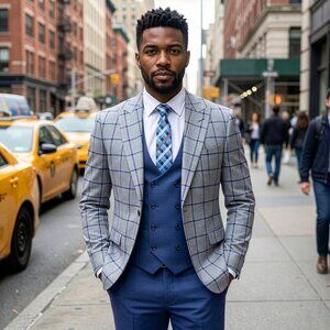 New 2026 Mens 3pc Windowpane Grey/Blue Suit Set, Hybrid Fit